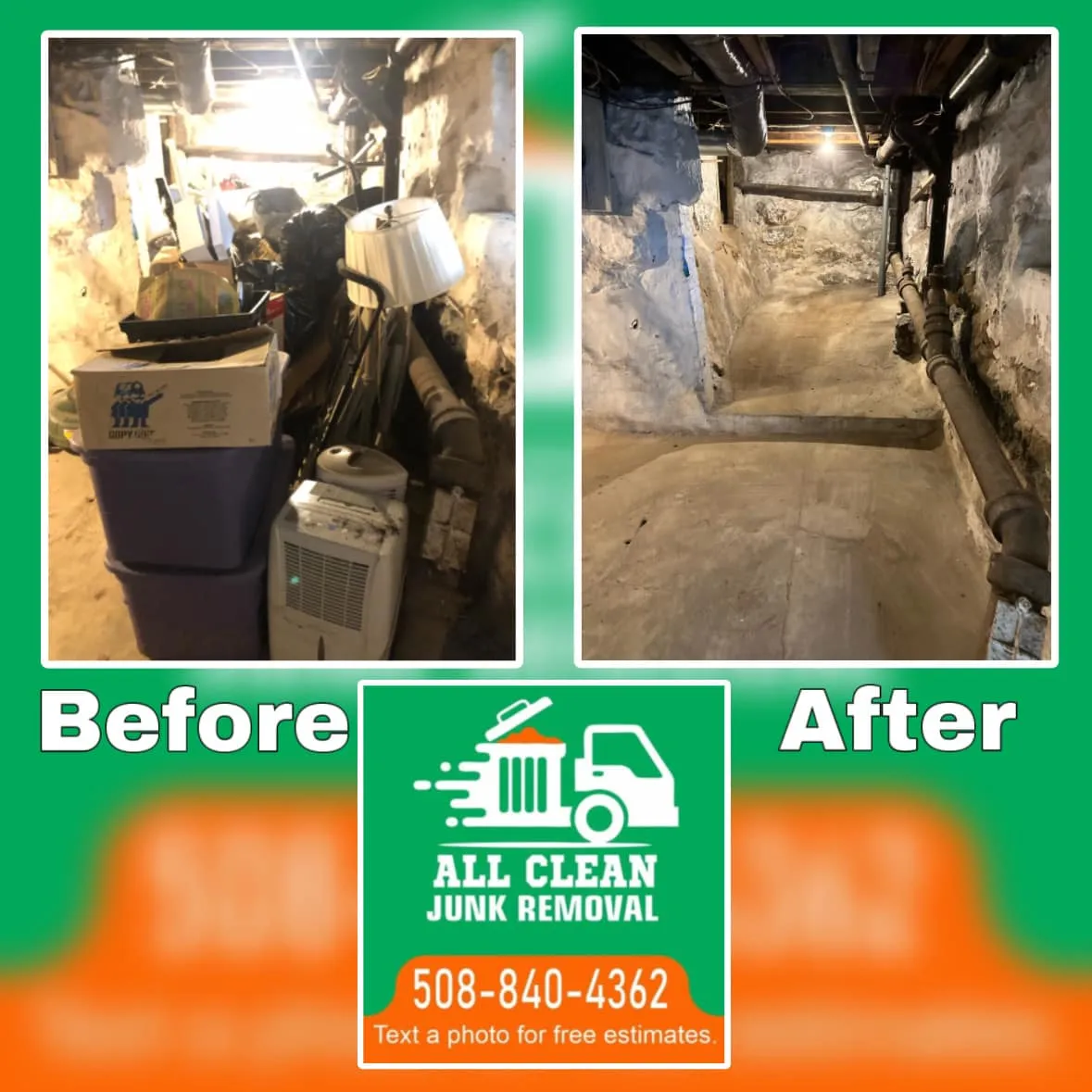 Basement cleanup in progress. Get rid of the mess with our professional junk removal services. Contact us for a clean and tidy basement!